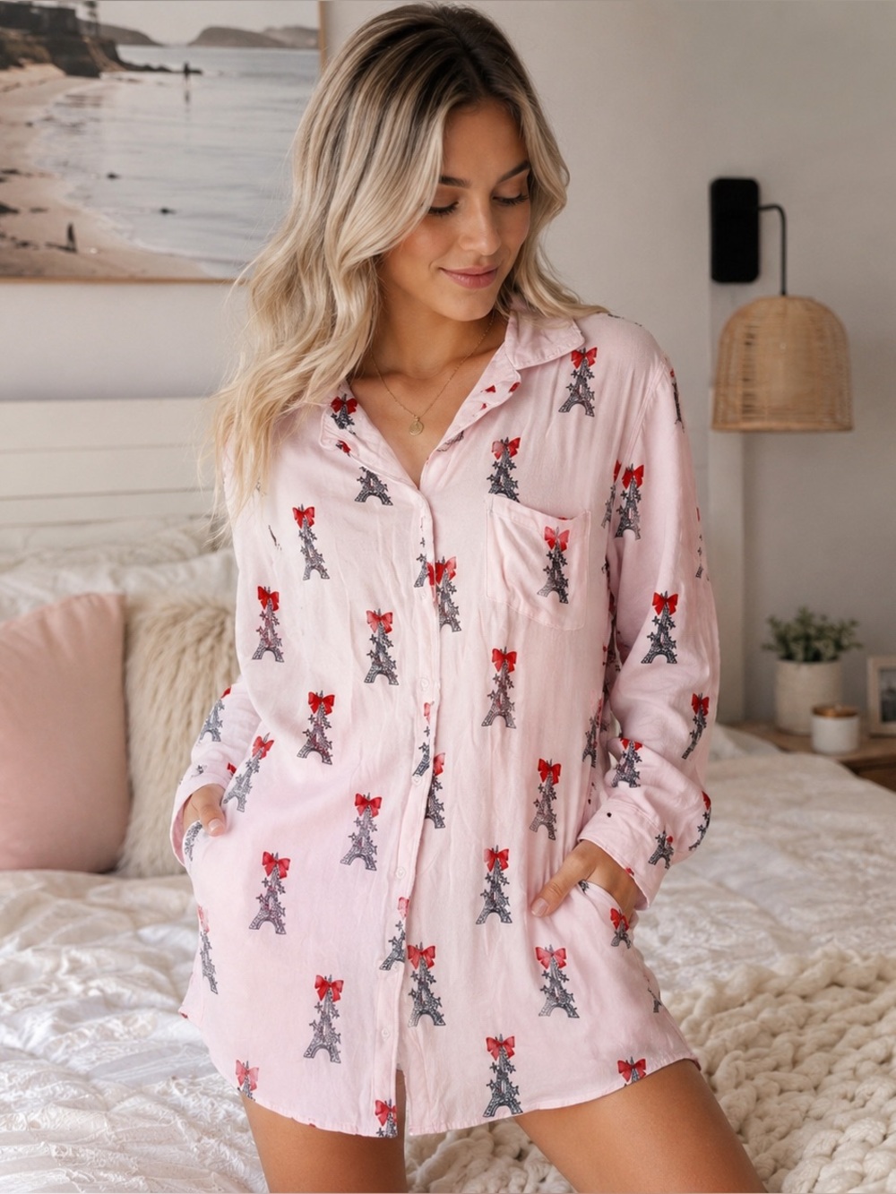 Landau & Miller XL Pink Paris Eiffel Tower Sleep Shirt Nightgown Button Front